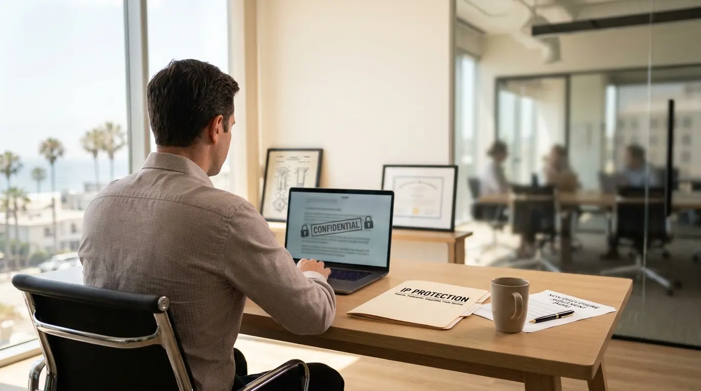 A man works at his laptop showing a confidential document, beside a folder labeled IP Protection and a non-disclosure agreement on his desk
