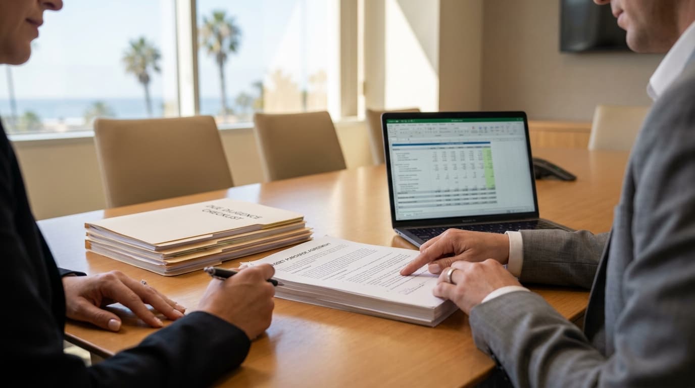 Two people review a stack of documents and a laptop showing a financial spreadsheet at a conference table, with palm trees visible through the window