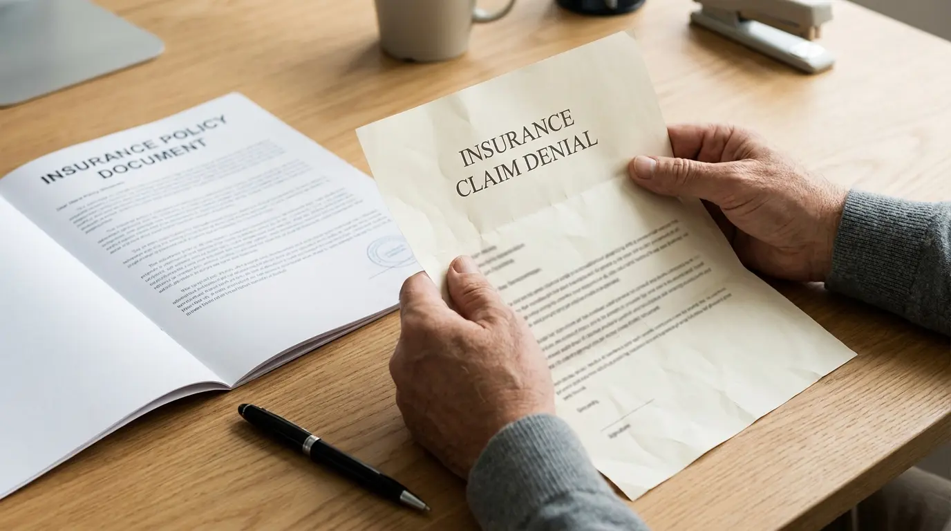 A person's hands hold an insurance claim denial letter beside an open insurance policy document and a pen on a desk
