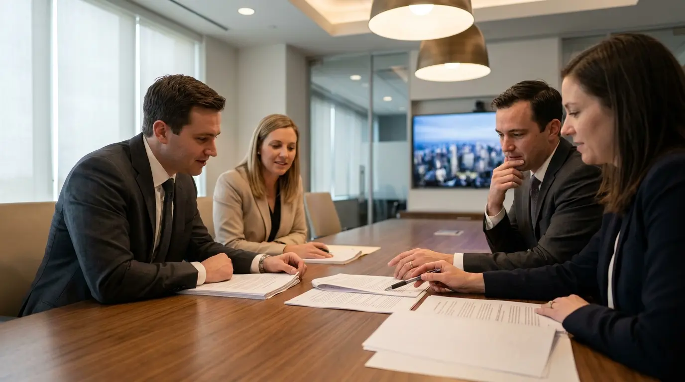Four attorneys in business attire sit around a conference table reviewing documents together in a law office
