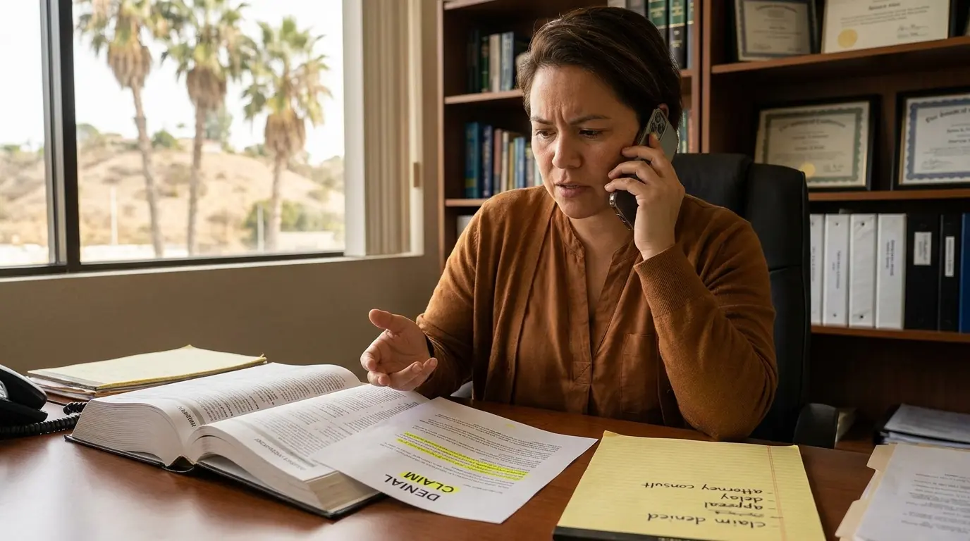 An attorney sits at her desk on the phone, reviewing a legal pad and a claim denial document, with palm trees visible through the office window