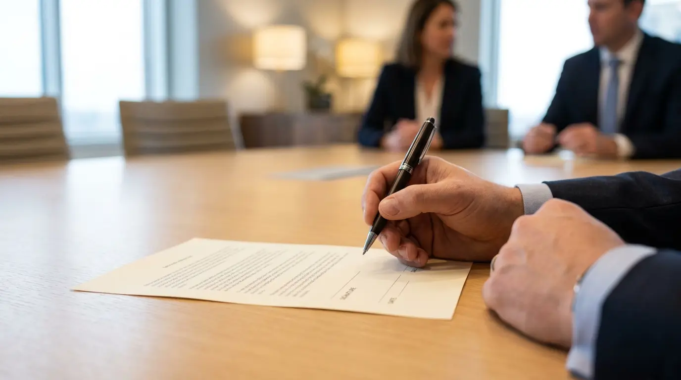 A hand signs a legal document with a pen at a conference table, with two colleagues seated in the background