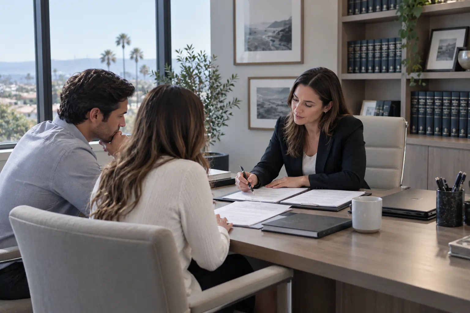 Business attorney meeting with clients in a California office to review legal documents for forming a business