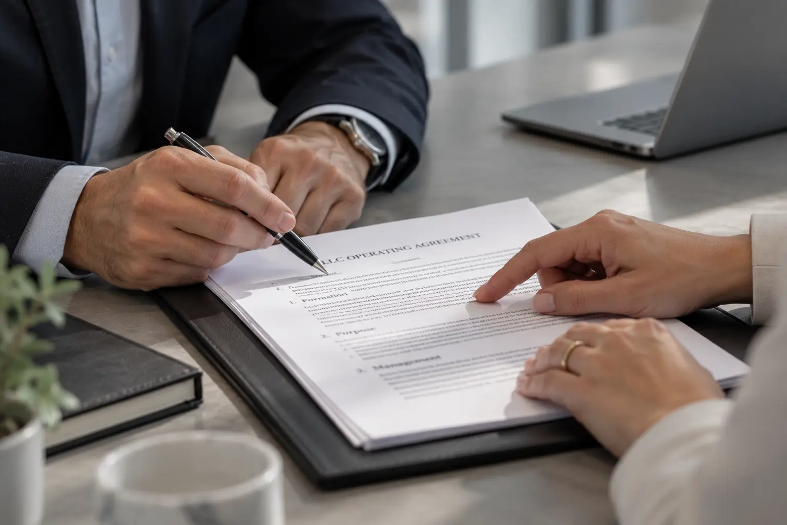 Close-up of two people reviewing and signing an LLC operating agreement at a desk