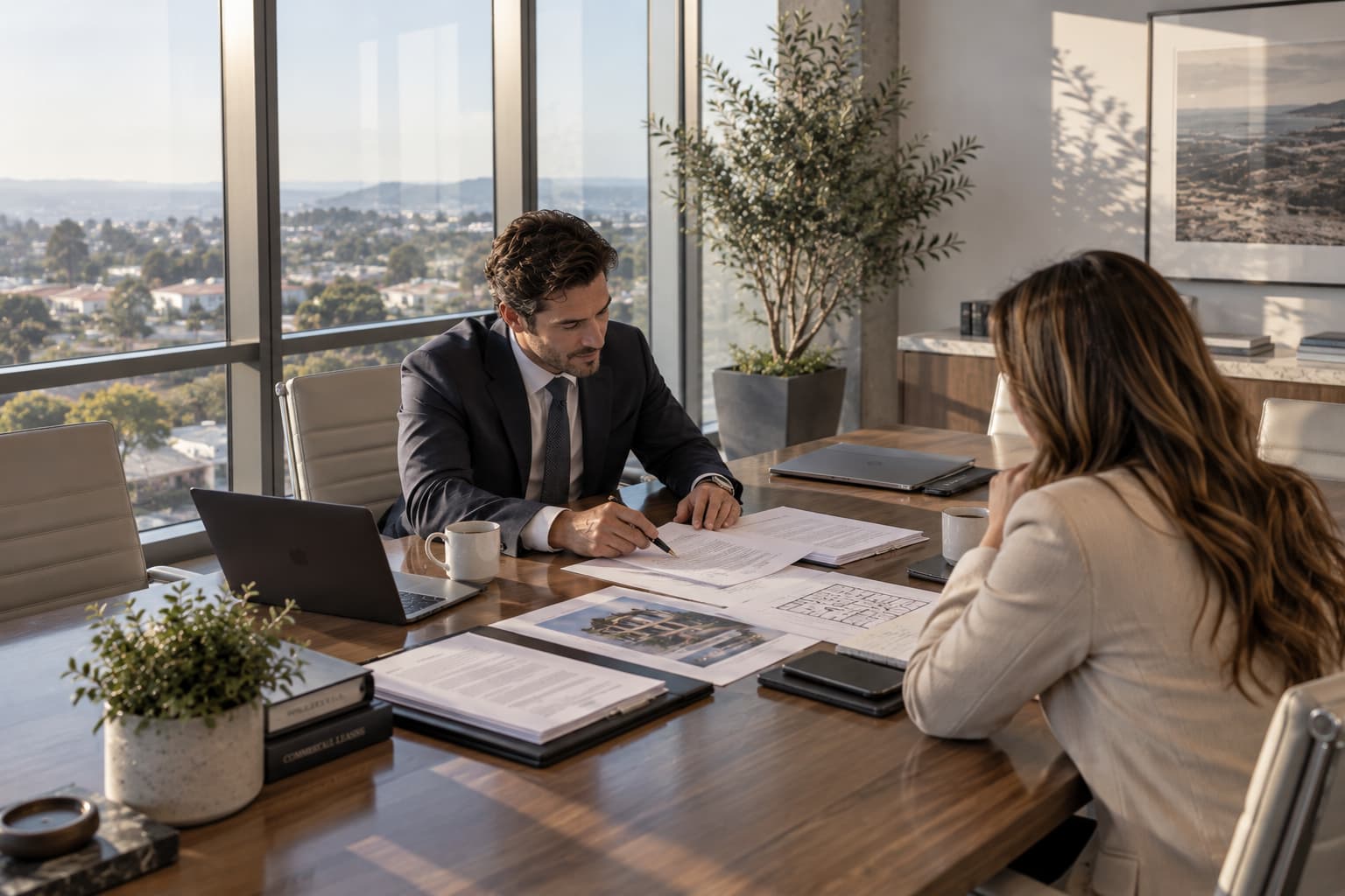 Business attorney reviewing commercial lease documents with a client in a modern office overlooking California