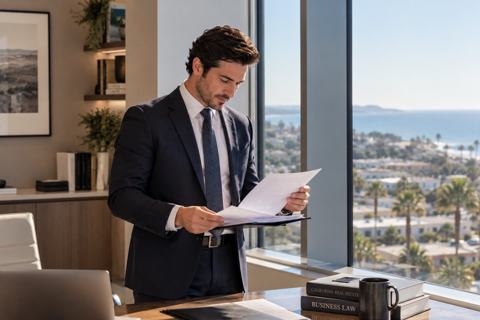 California real estate attorney reviewing commercial lease agreements and legal documents in his office