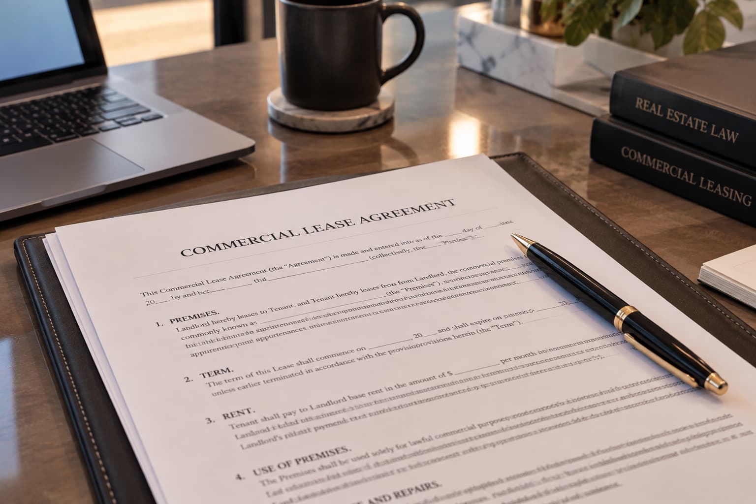 Close-up of a commercial lease agreement with a pen on a desk, representing landlord-tenant disputes in California