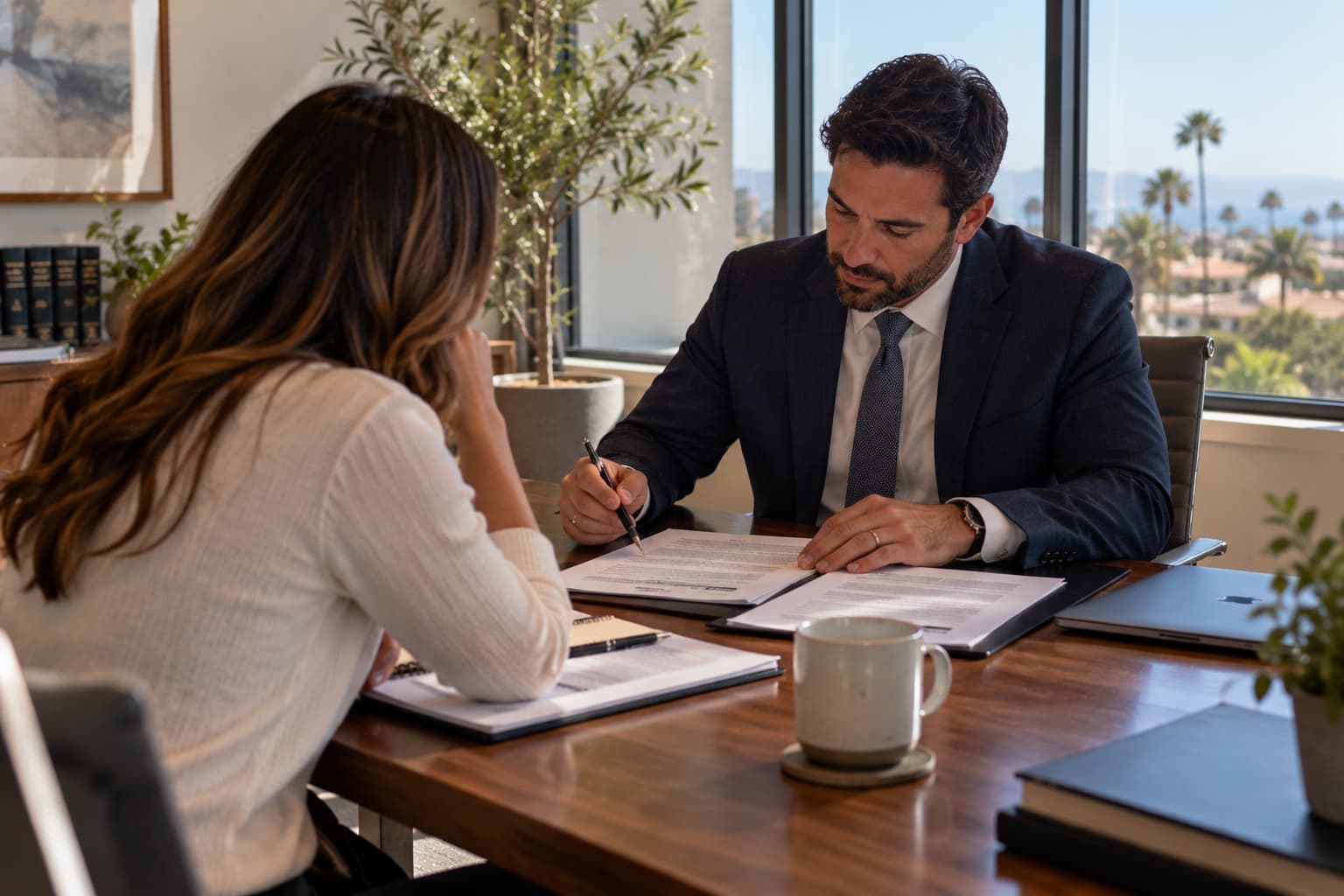 Business attorney reviewing legal documents with a female client during an outside general counsel consultation