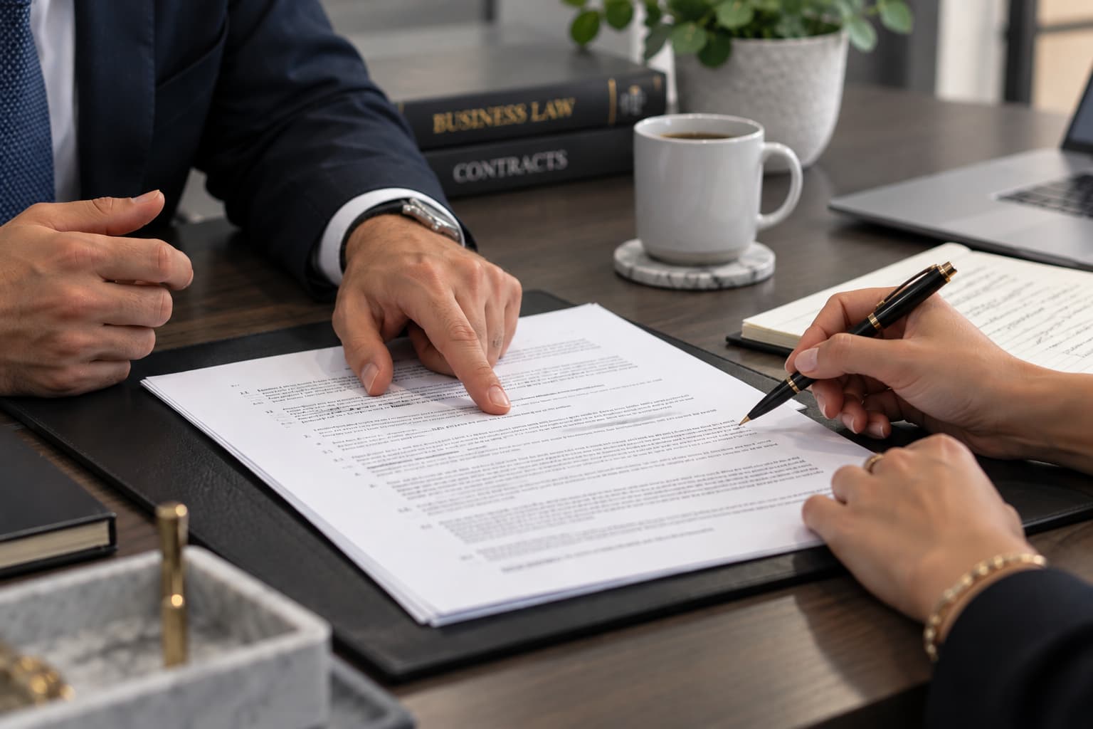 Attorney discussing legal documents with a business owner during a consultation about contracts and business operations