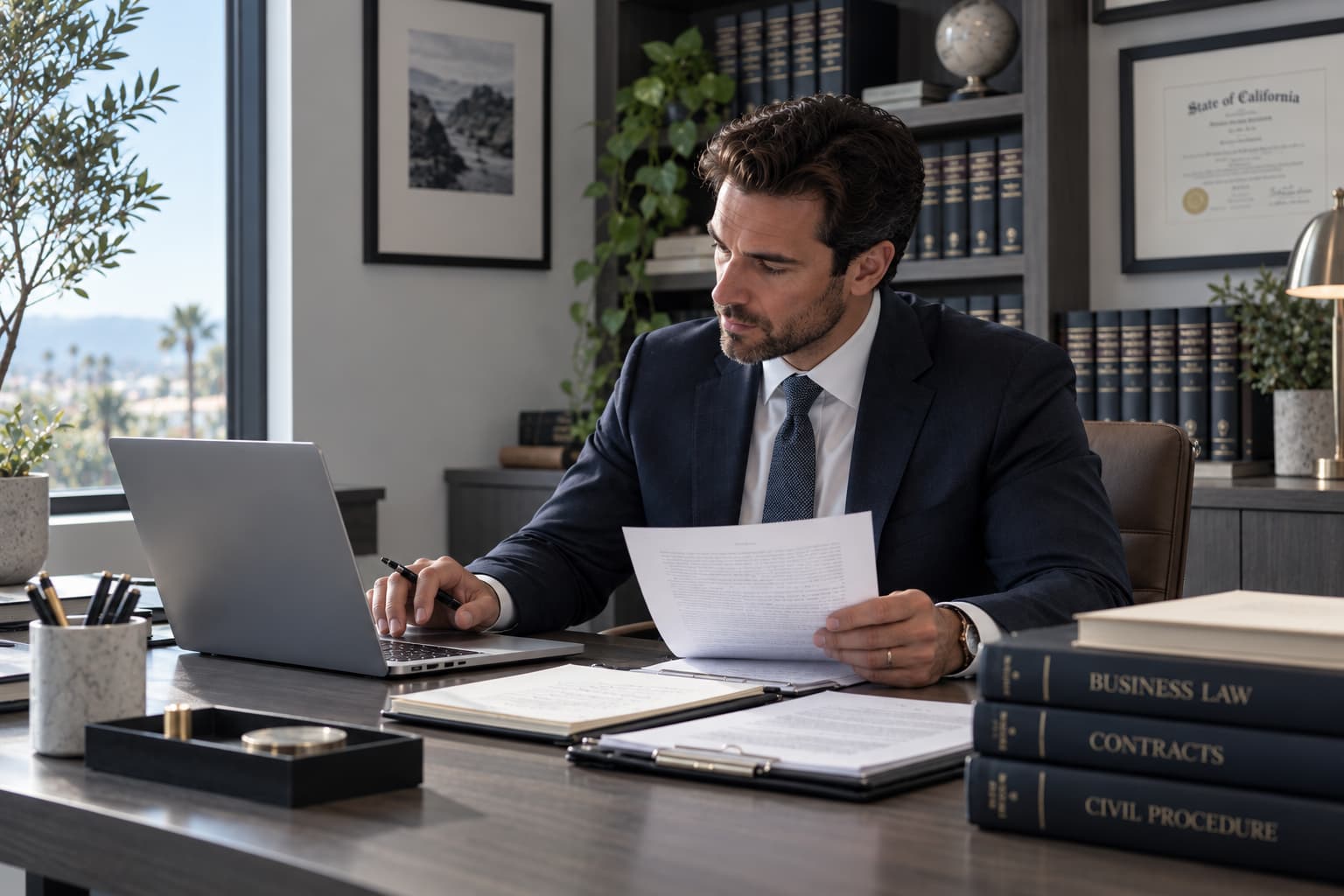 business attorney in Carlsbad (3) Close-up of a business attorney reviewing contract terms with a client as part of ongoing legal support.