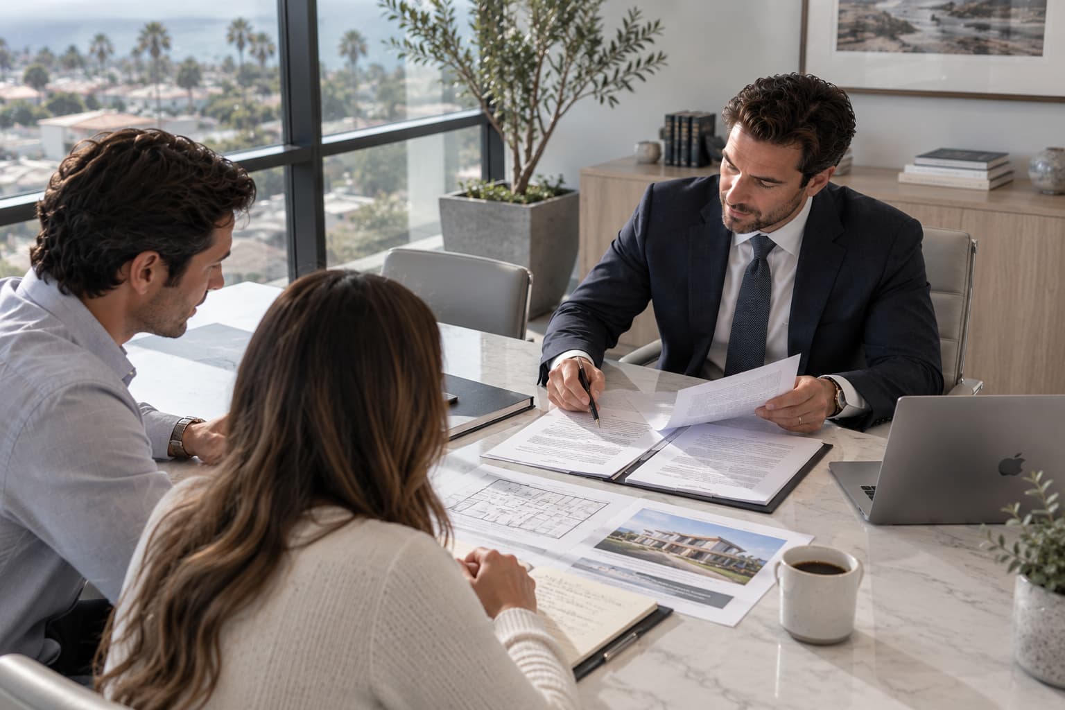Real estate attorney reviewing a commercial lease agreement with a client, discussing contract terms and legal obligations