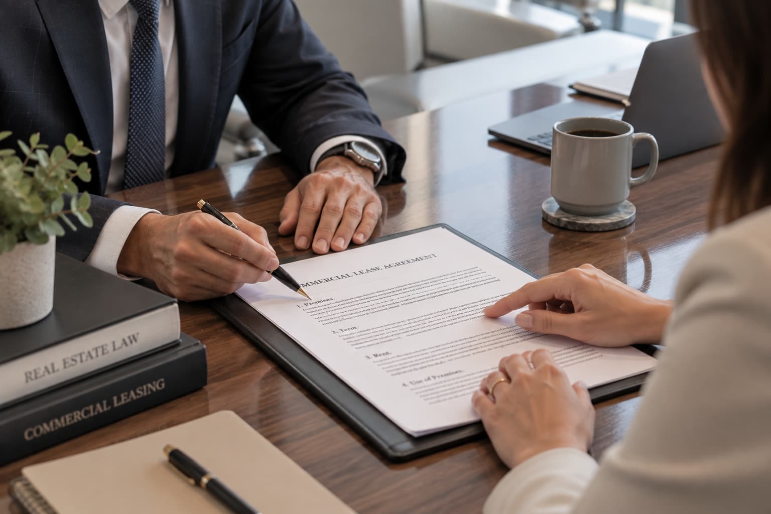 Real estate attorney meeting with clients to review property documents and discuss legal considerations for a real estate transaction